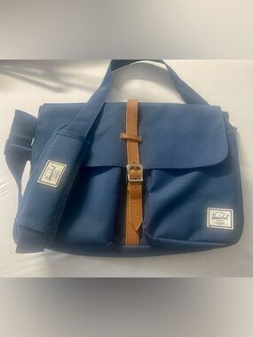 Herschel Supply Company Columbia Blue Messenger Bag with Brown Strap 13” laptop